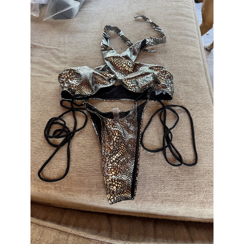Shein Womens Metallic Silver Snakeskin Print Bikini Set Halter Two Piece Large